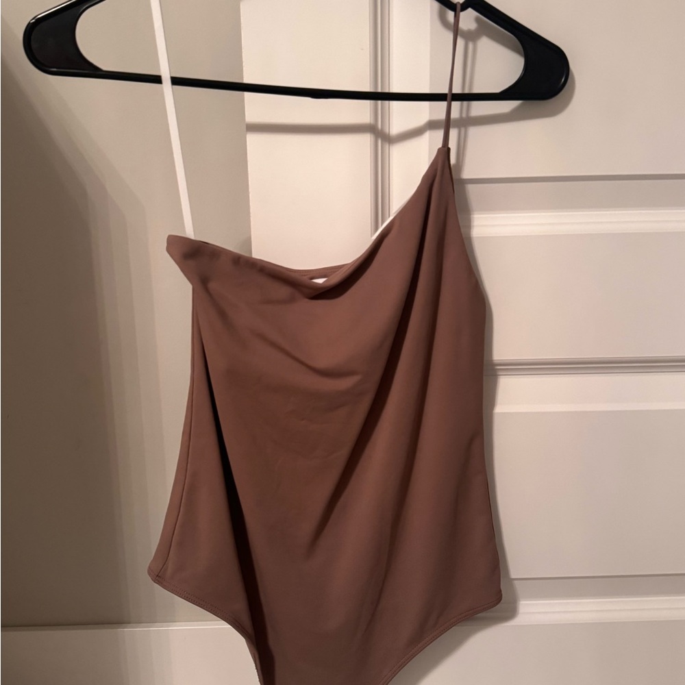 Babaton One-Shoulder Draped Bodysuit in Brown Taupe